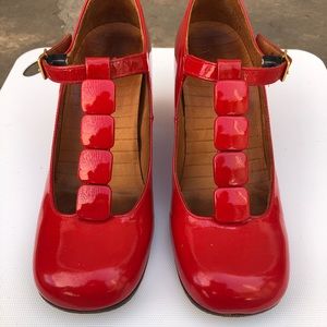 Chie Mihara Red Patent Leather T-Strap Pumps